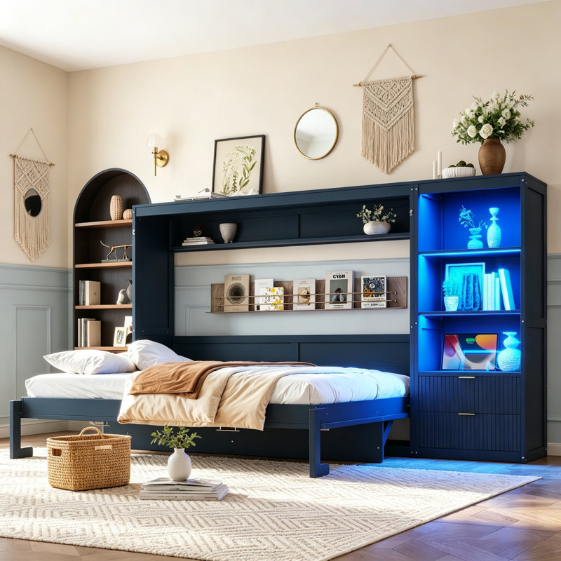 Lit escamotable avec bureau et tiroirs de rangement, cadre de lit mural pliable avec étagères et éclairage DEL pour petite chambre, format Queen, bleu