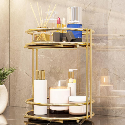 Organisateur de maquillage doré à 2 niveaux - Présentoir de rangement pour cosmétiques en métal