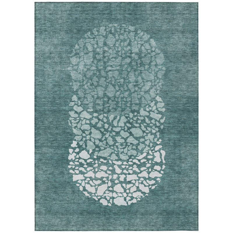 Tapis extérieur lavable abstrait vert foncé 3 pi x 5 pi turquoise et ivoire
