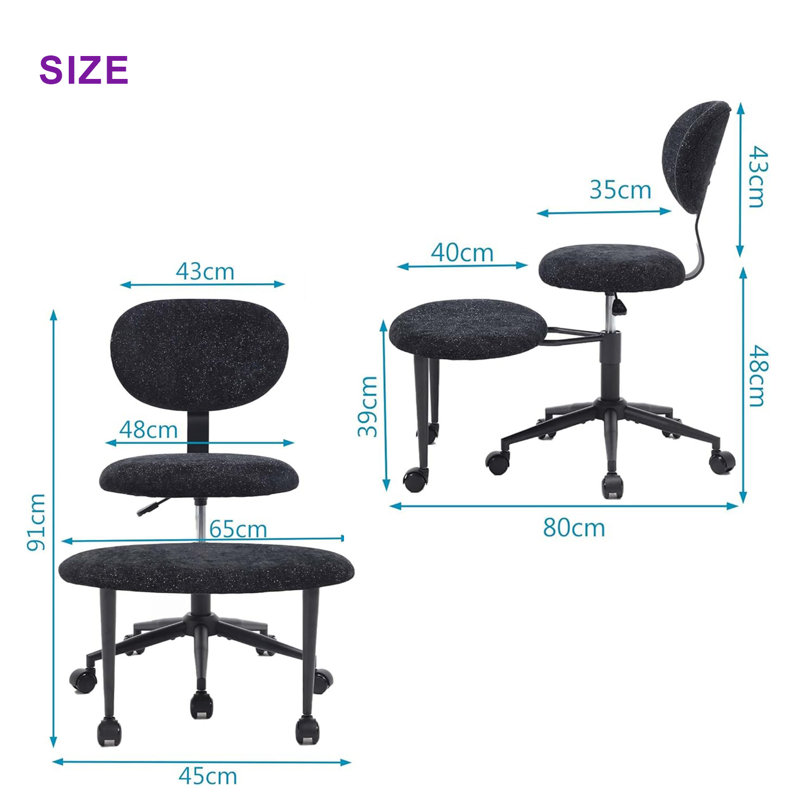 Height Adjustable Office Chair, 360° Swivel Backrest Chair, Chenille Fabric, Supports Cross-legged Sitting, Black