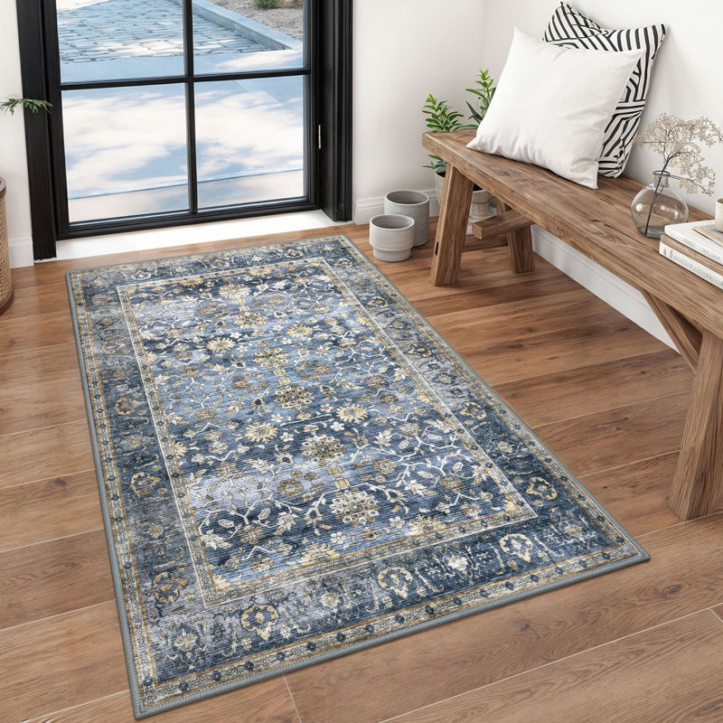 Area Rug Machine Washable Rug Oriental Indoor Rugs with Non-Slip Backing, Rectangle 3' x 5', Blue/Grey/Beige