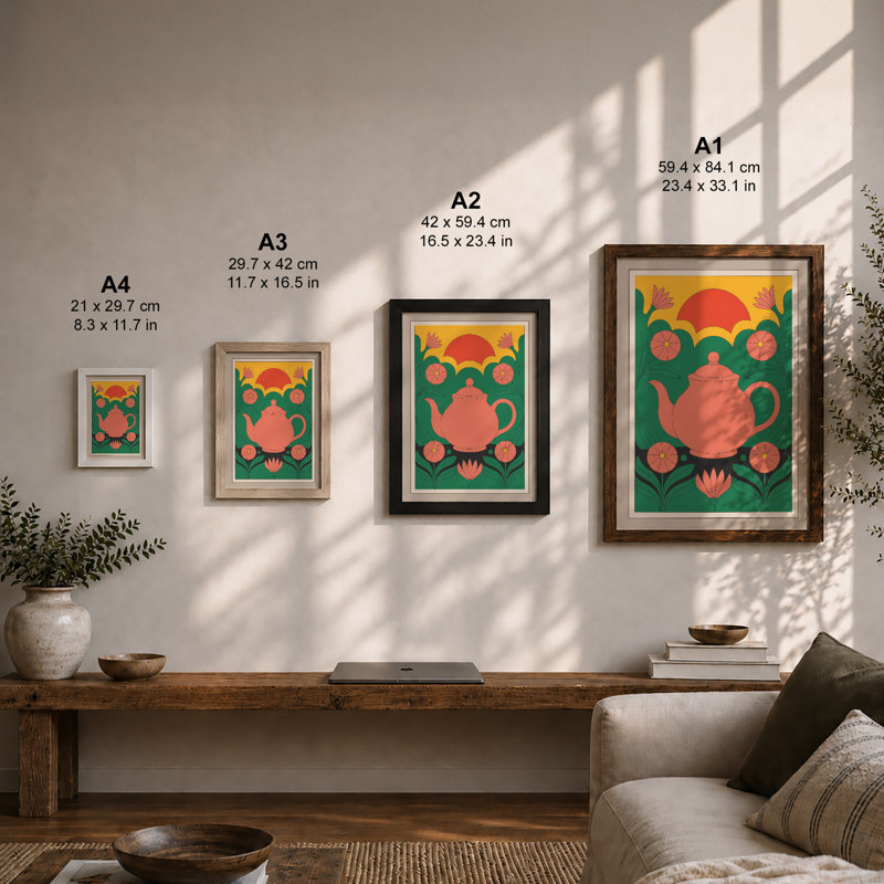 Teapot and Blooms Botanical - Framed Print, Unframed, A1 - 84.1 x 59.4 cm