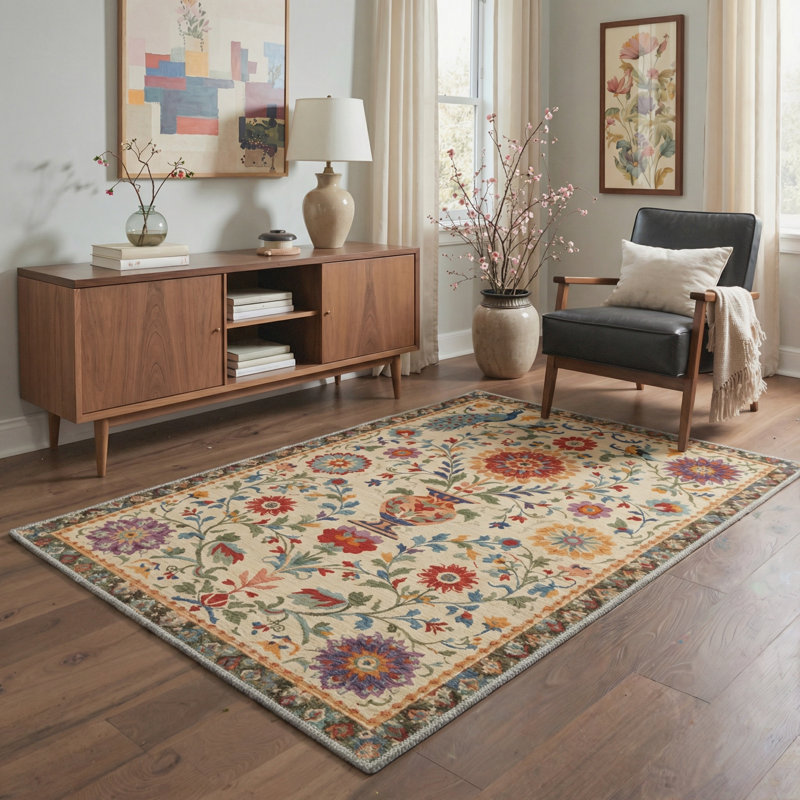 Astraea Vintage Machine Washable Beige Indoor Area Rug with Non-Slip Backing, Round 5'