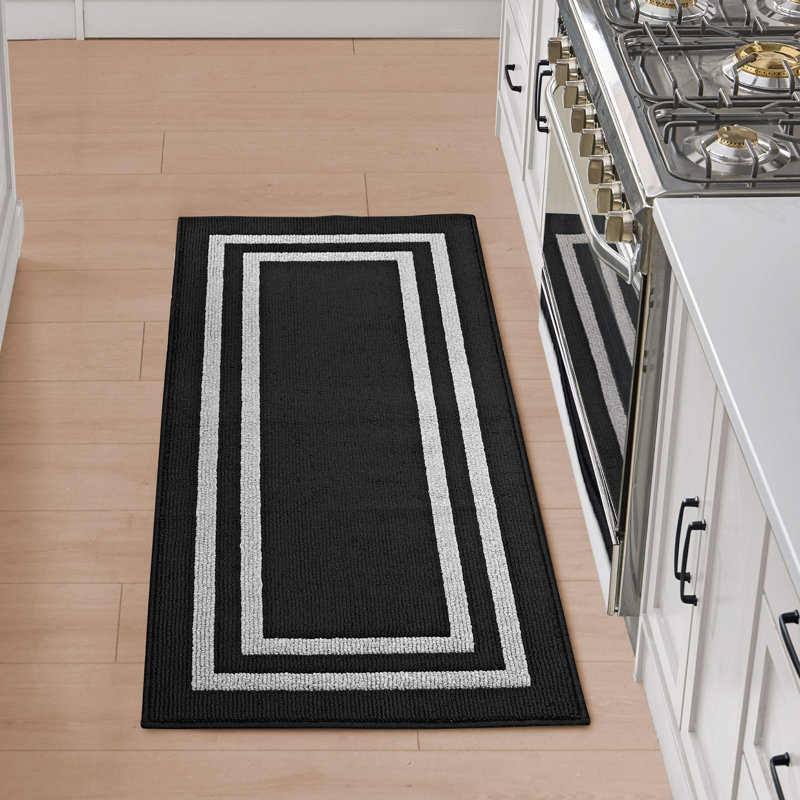 Double Border Machine Tufted Performance Black/Twisted Grey  Rug, Rectangle 2'2" x 6'