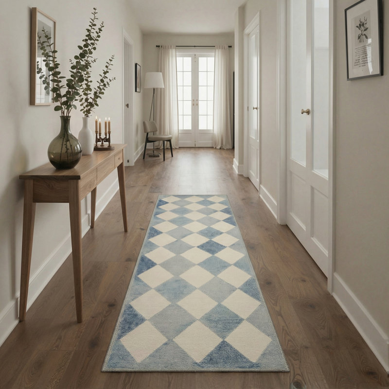 Teshayla Coastal Geometric Diamond Machine Washable Blue / Beige Indoor Area Rug with Non-Slip Backing, Runner 2' x 7'