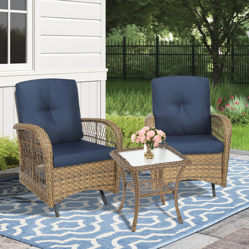 Vosburgh 2 - Person Patio Conversation Set with Cushions, Navy Blue, Brown