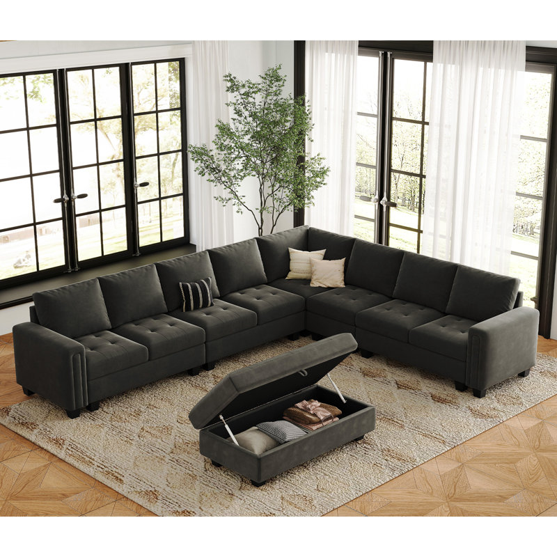 Shavera 7 - Piece Velvet Upholstered Sectional Sofa Large L shaped Livingroom Couch with Storage Ottoman, Gray Velvet