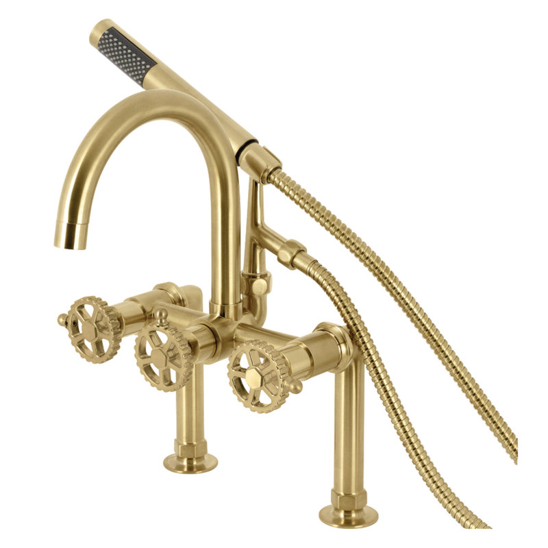 Kingston Brass Fuller Three-Handle 2-Hole Deck Mount Clawfoot Tub Faucet with Hand Shower, Brushed Brass