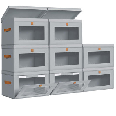 Grands bacs de rangement en tissu avec couvercles - paquet de 8 - Organisateur de garde-robe pliable avec fenêtre en PVC et poignées pour tablettes, sous le lit, vêtements, couvertures et organisation