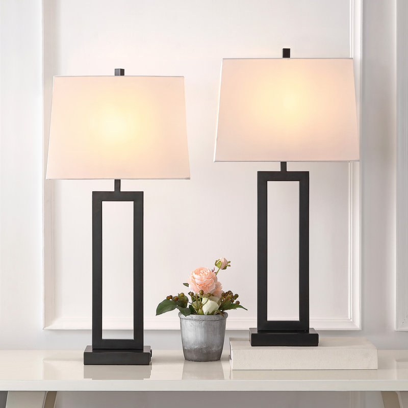 Rogina 28.5" Black Metal Table Lamp Set with USB Type-C Ports and Built-in Outlet, White, Black