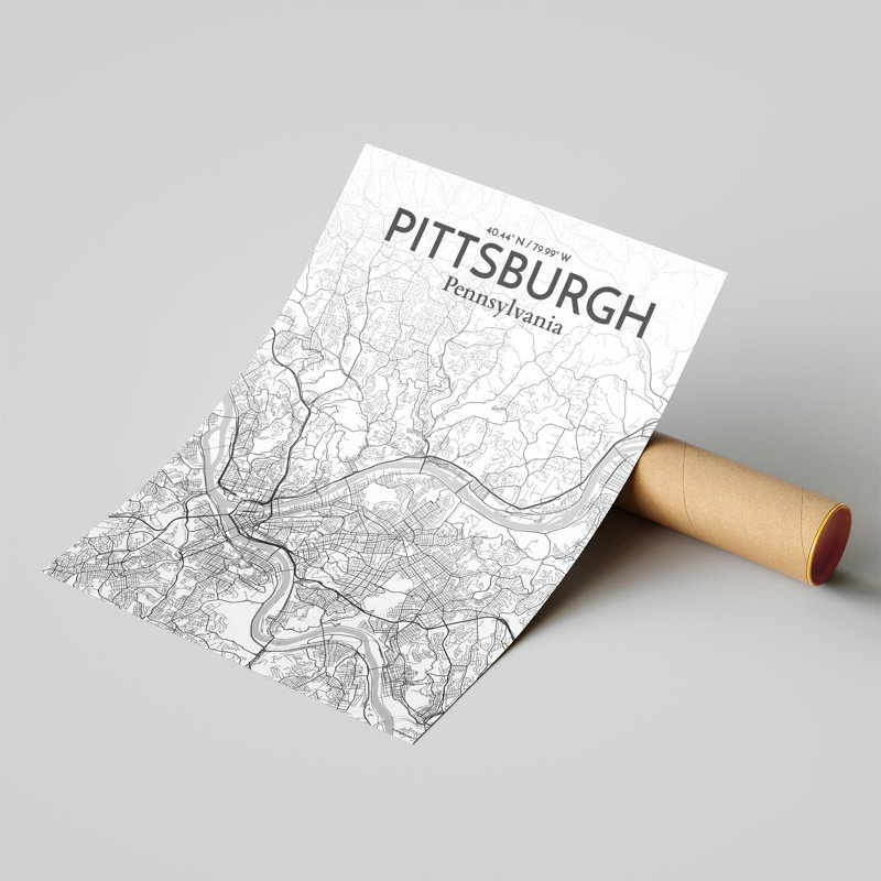 Pittsburgh City Map, impression, Gris / blanc, H 24 po x l 18 po