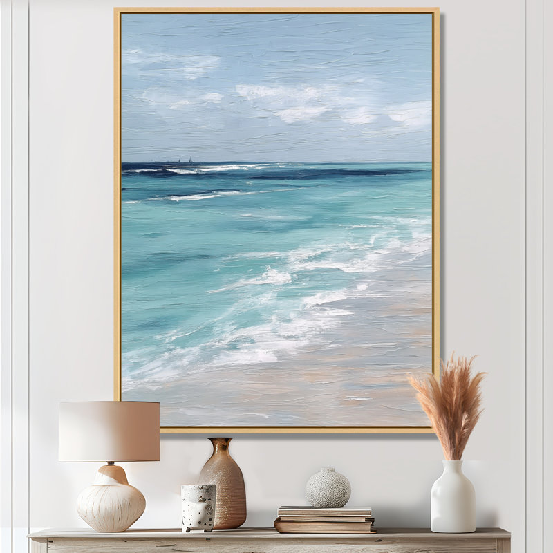 «Blue and White Coastal Beach Wonder», art mural sur toile, encadré blanc, H 32 po x l 16 po, Cadre flottant, Doré