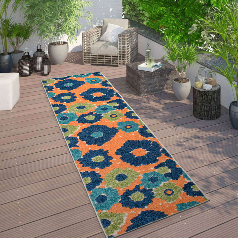 Alyshia Floral Orange/Navy/Green Indoor & Outdoor Area Rug, Runner 2' x 7'