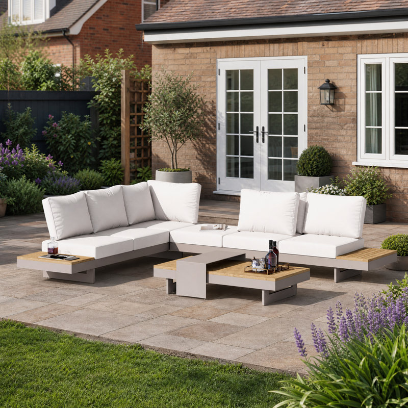 245.1Cm Wide Outdoor L-Shaped Patio Sectional Set with Cushions, White