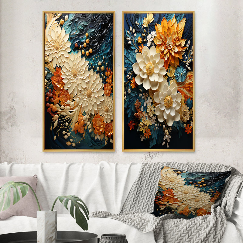 Tourbillon botanique orange sarcelle II - ensemble d'art mural abstrait de 2 art mural moderne pour la décoration intérieure