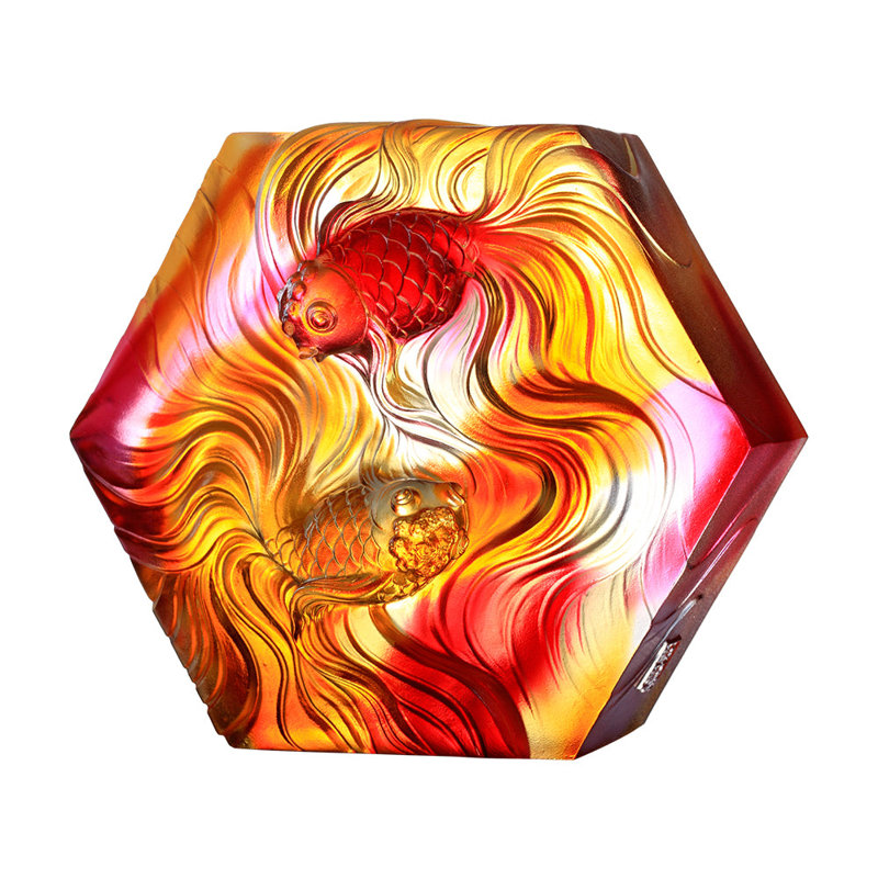 LIULI Crystal, Goldfish Sculpture | An Exquisite Dance, Amber/Gold Red Clear