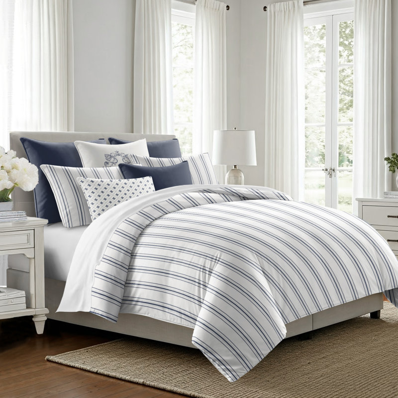 August Stripe Reversible Cotton Comforter Set, Full Comforter + 2 Standard Shams, Denim