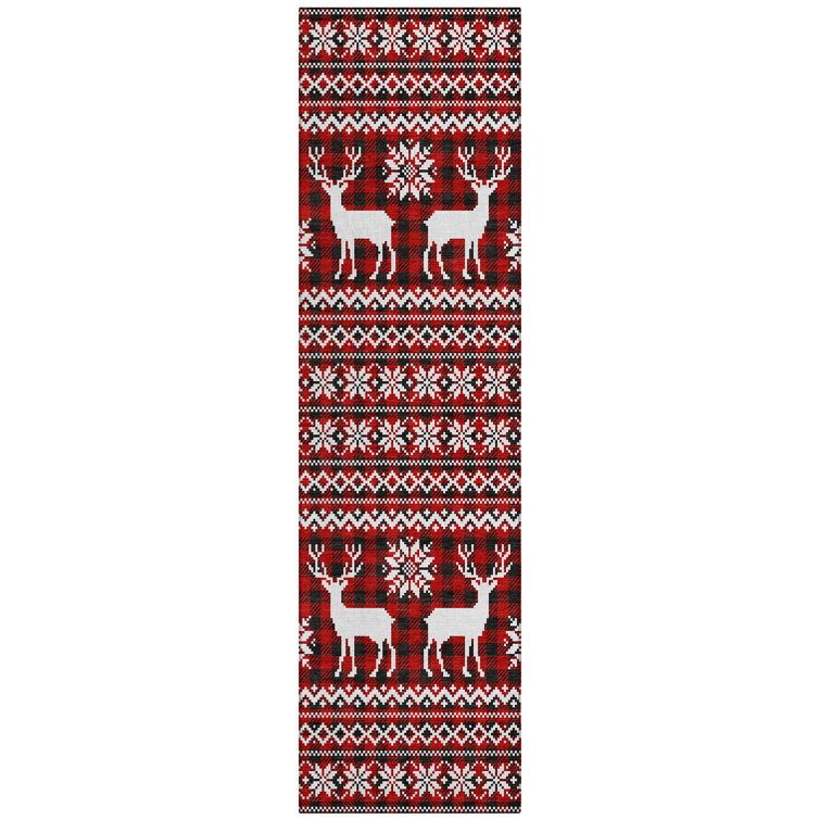 Machine Washable Indoor/Outdoor Christmas Reindeers Xhevrie Red Rug