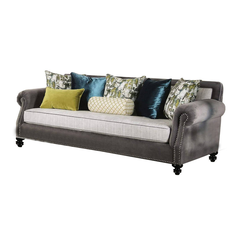 93.4" W Transitional Sofa, Gray/Beige/Teal/Olive
