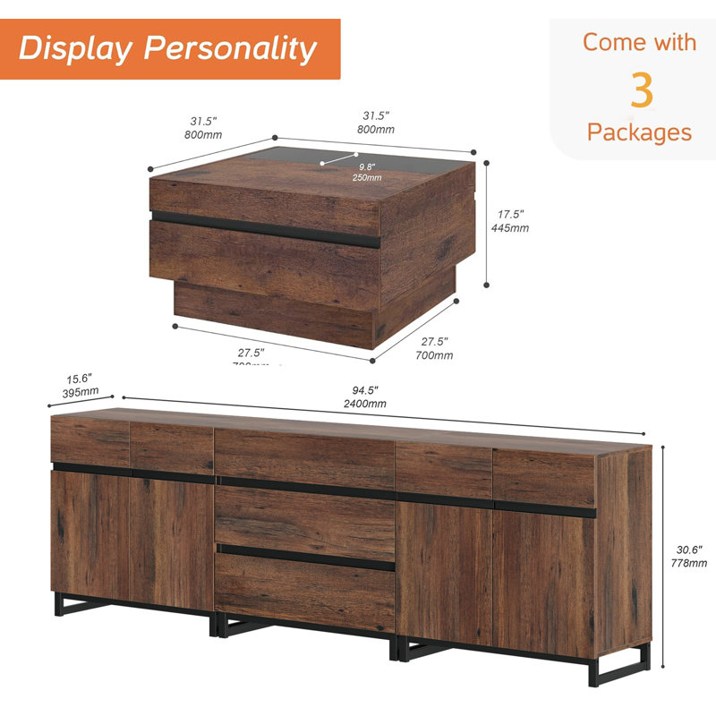 Modern TV Stand And Coffee Table Set Of 2, TV Stand For Tvs Up To 110 Inch,Entertainment Centre With Metal Base, Square Centre Table With Tempered Glass And 4 Storage Drawers For Living Room