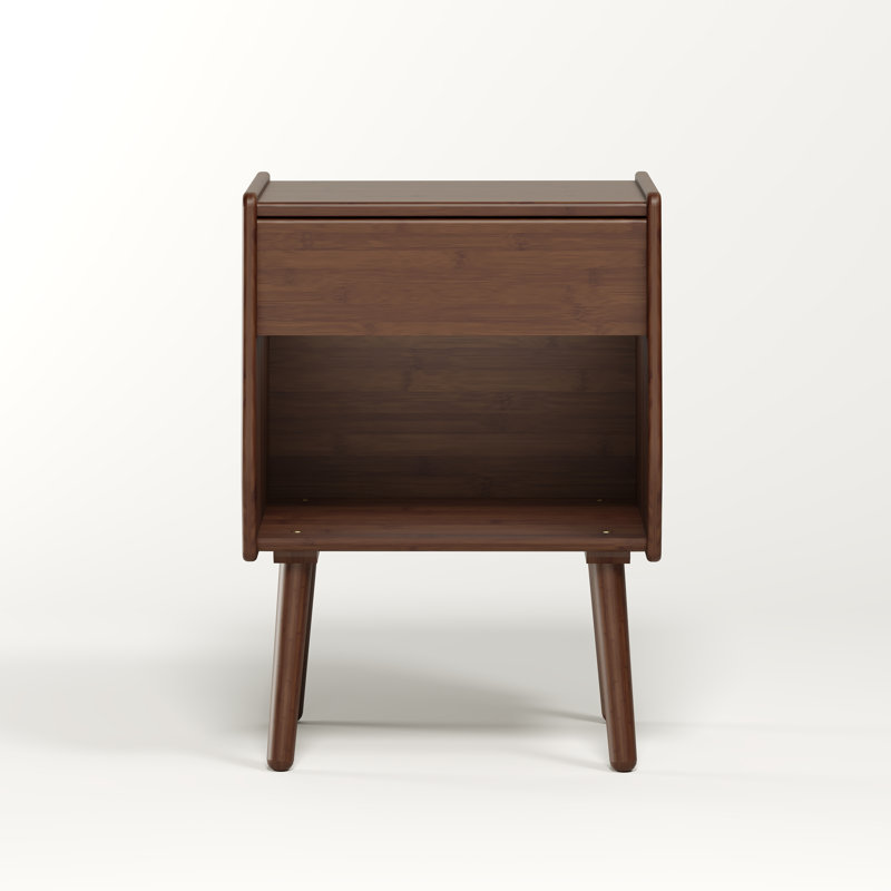 Nightstand With Drawer And Open Compartment, Solid Wood Legs, Dark Brown