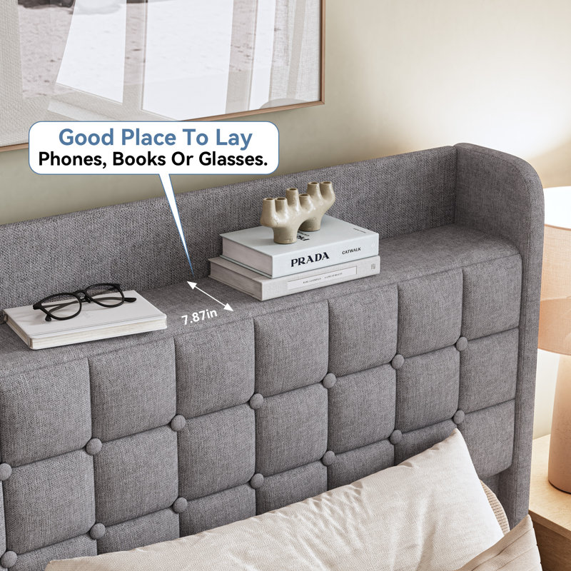 Avelyn Upholstered Bed Frame with 2 Footboard Drawers and Storage Platform, Gray, Queen