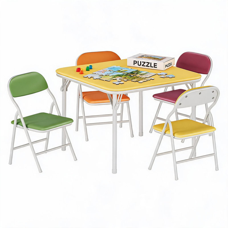 Ensemble de table pliante 5 pièces et 4 chaises avec coussins en polyuréthane ultra doux, Yellow/Green/Red