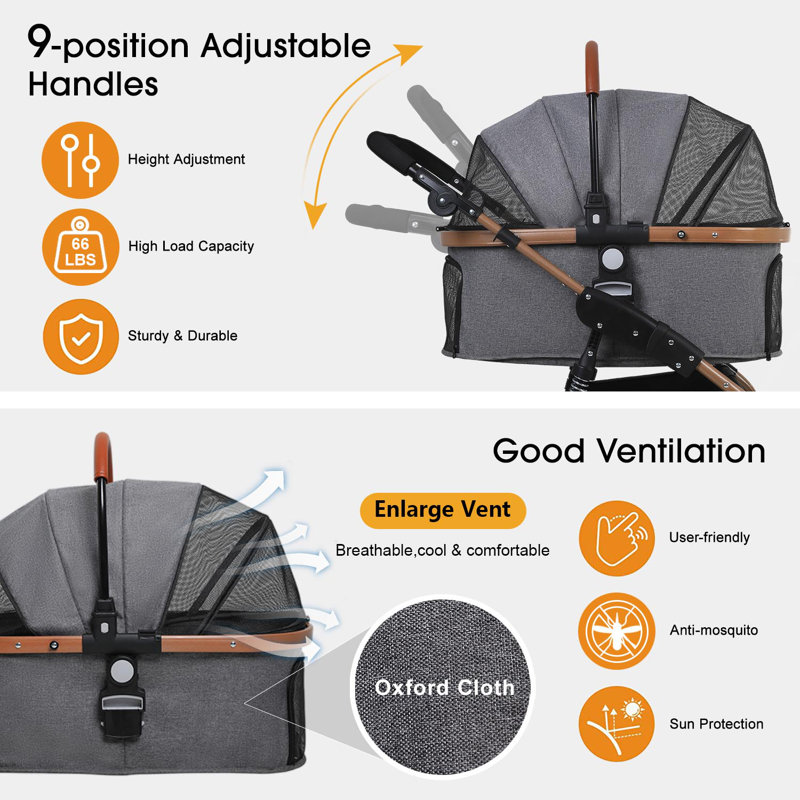 Gray Aluminum Frame 4-Wheel Dog Stroller with Detachable Carrier