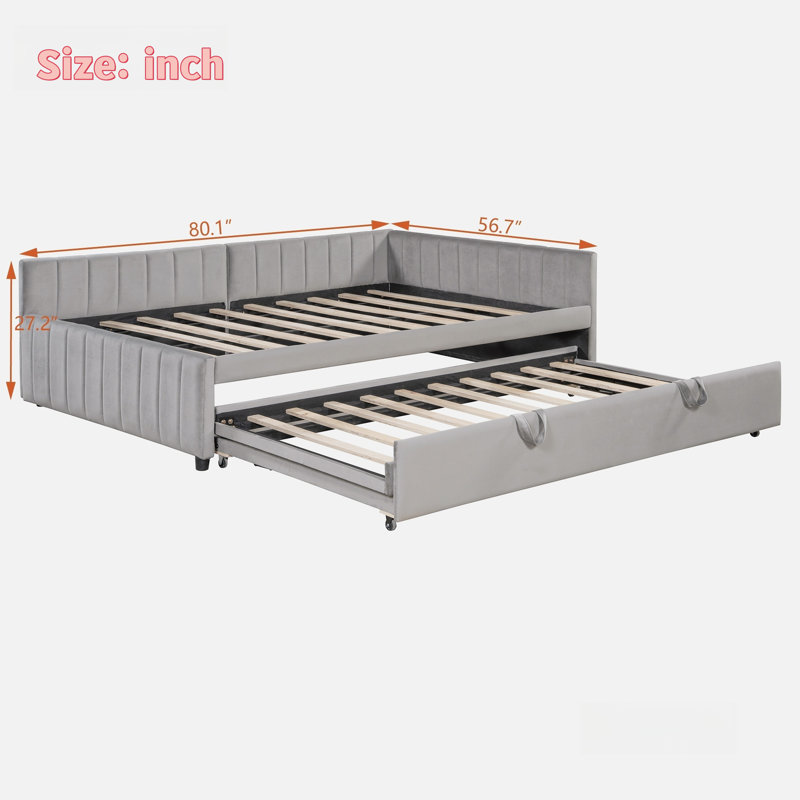 Upholstered L-shaped Daybed With Pop Up Trundle And Vertical Stripe Patterns, Gray