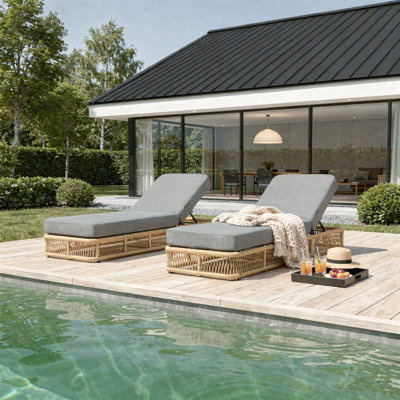 Ensemble de 2 chaises longues de piscine à dossier réglable, corde tissée et structure en fer avec coussin épais, chaise longue d'extérieur pour la piscine, la plage et la cour