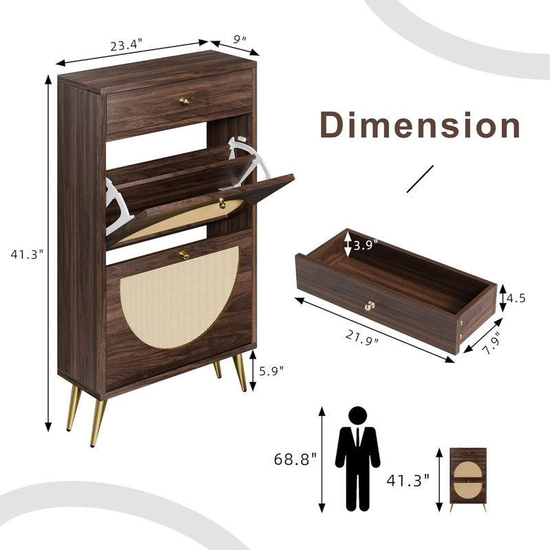 Rattan Shoe Storage Cabinet with Drawer, Walnut