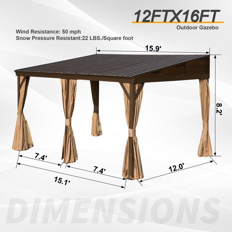 Aluminum Patio Gazebo Lean to Wall Mounted Pergola with Sloping Galvanized Steel Roof, 16 ft x 12 ft