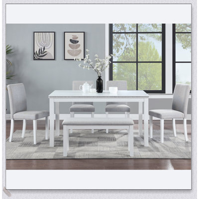 6 Piece Wooden Dining Table Set with 4 Upholstered Chairs and Bench, Rectangular Table with Crystal Decoration for Elegant Dining