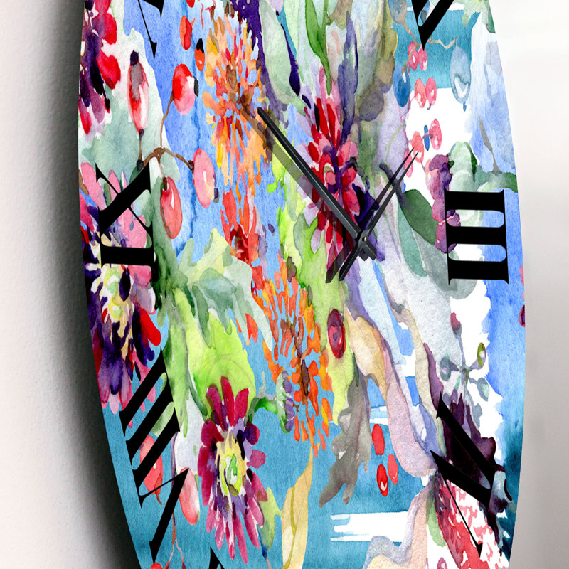 Horloge murale moderne Vibrant Wild Spring Leaves and Wildflowers, Petit