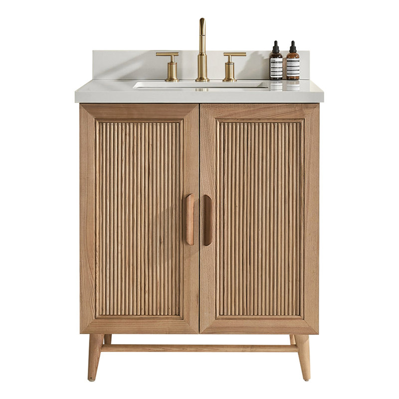 Ensemble de meuble-lavabo autoportant 30 po à conception simple en bois massif avec plateau blanc d'ingénierie