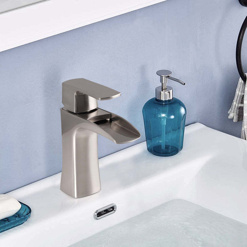 ADA Waterfall Single Hole Handle Brass Bathroom Faucet with Drain, Brushed Nickel