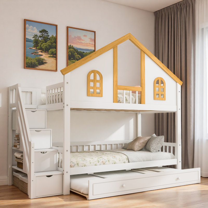 Wooden Bunk Bed With Storage Staircase, Trundle, House Roof And Window Door, Twin Over Twin