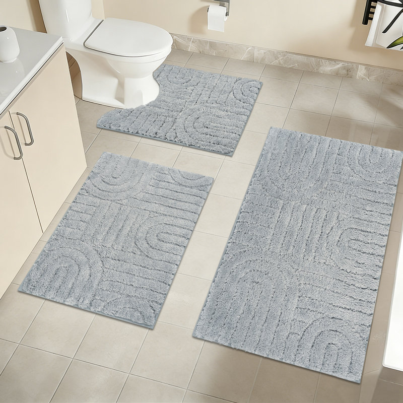 Bath Mat Sets 3 piece Soft Microfiber Bathroom Mat Sets Water Absorbent Bath Mats for Bathroom Washable Non Slip Bath and Toilet Rug Set for Shower Floor Bathrooms Decor（Grey）