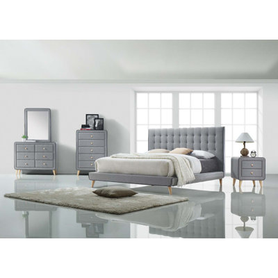 Commode 6 tiroirs Valda, tissu gris clair