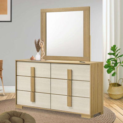 Commode 6 tiroirs avec miroir en bois naturel et blanc Boone