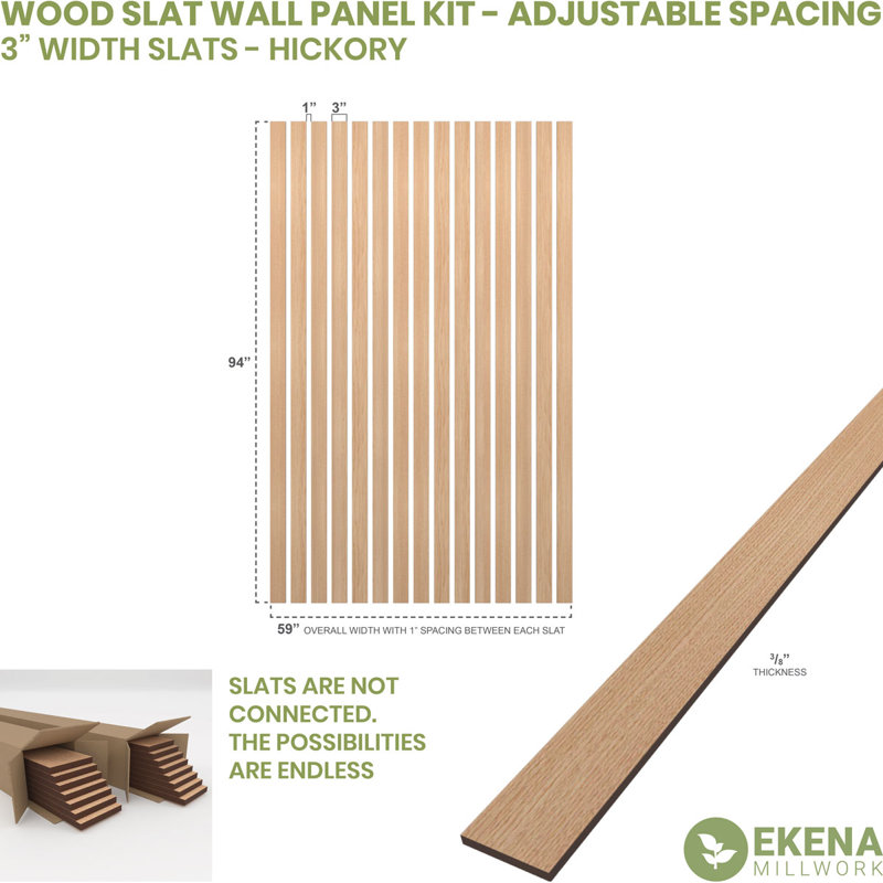 Adjustable Wood Slat Wall Panel Kit, 1"W x 47"H x 0.375"T, Hickory