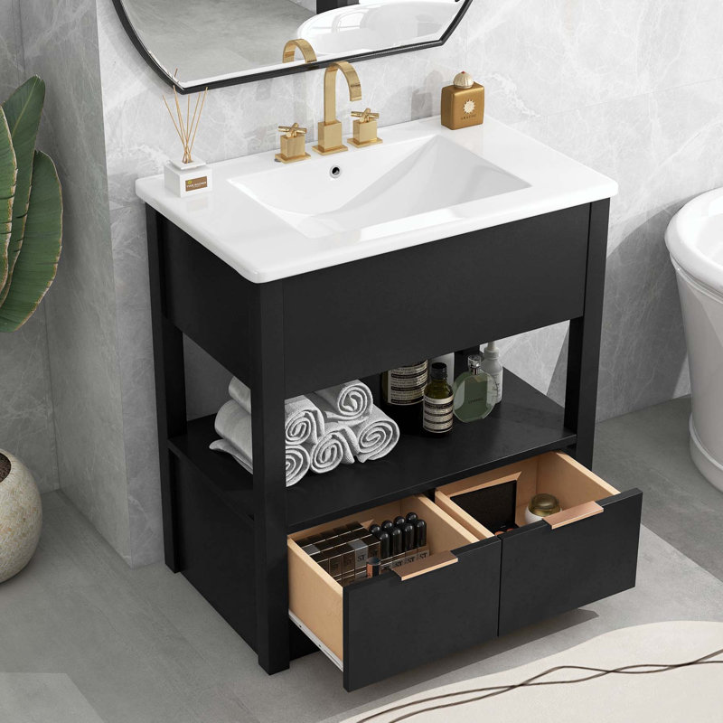Meuble-lavabo de salle de bain avec comptoir de lavabo, tablette de rangement ouverte et deux tiroirs, Noir, Or