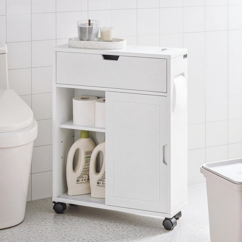 Toilet Paper Holder Cabinet with Shelf & Flip-Door Narrow Rolling Storage Shelf Freestanding Cabinet with Wheels