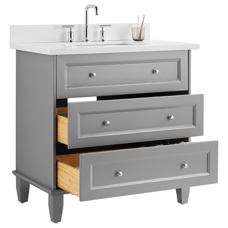 Ensemble de meuble-lavabo simple autoportant biseauté 36 po avec plateau en quartz Adelia, Gris, L 36 po
