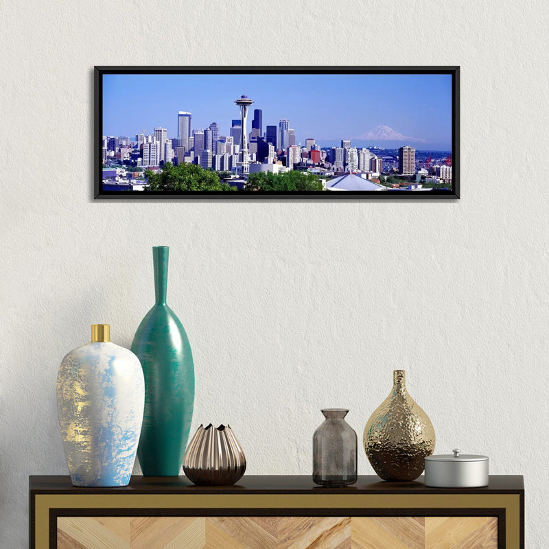 Seattle, Washington State - reproduction de photo panoramique sur toile tendue, H 12 po x l 36 po x P 1,5 po, Cadre noir