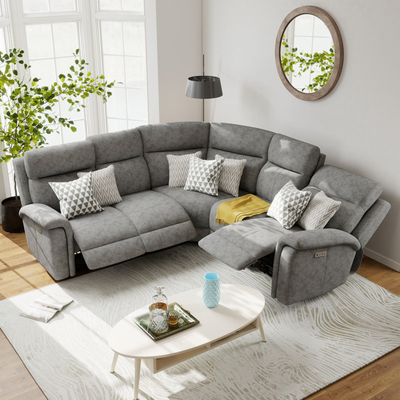 5 - Piece Cushion Back Power Reclining Sectional With Adjustable Lumbar Support & Headrest, Gray Polyester Blend