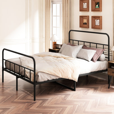 Structure de lit plateforme en métal - grand lit, tête de lit en fer, sans sommier, sommeil paisible, cadre noir avec tête de lit solide, repos nocturne tranquille,