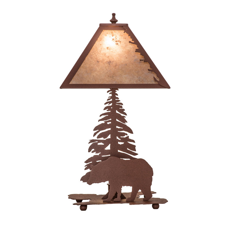 Rustic Silver Mica Shade Bear & Pine Tree Table Lamp