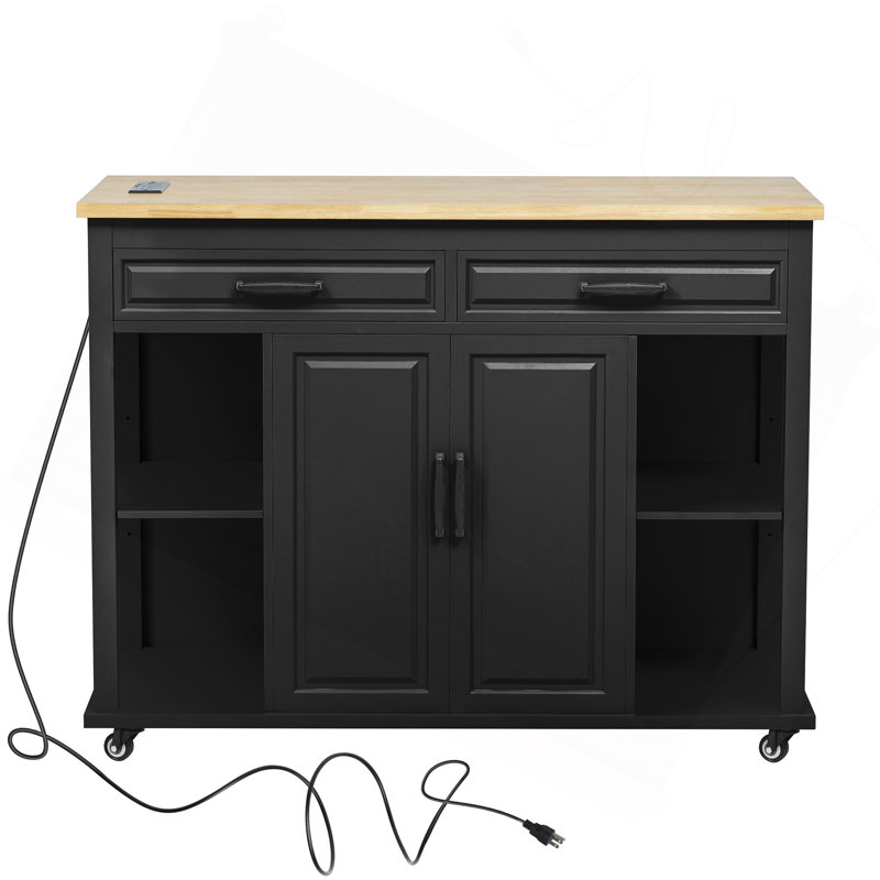 47 Inch Kitchen Island With Extendable Dining Table, Rubber Wood Veneer Kitchen Table With Internal Storage Rack, Power Outlet, Kitchen Island With Storage 2 Drawers 2 Cabinet