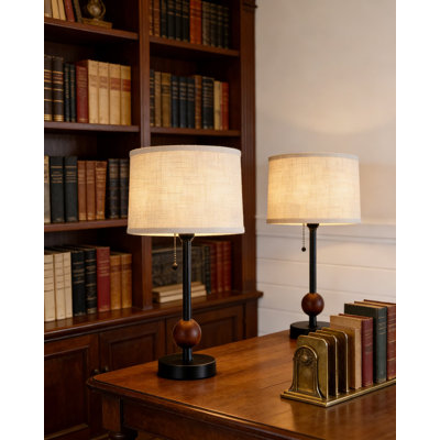 Mid Century Modern Table Lamps Set Of 2, Bedside Nightstand Lamps With Linen Fabric Shade And Walnut Wood Accent, Pull Chain Switch, E26 Base (Bulbs Not Included)